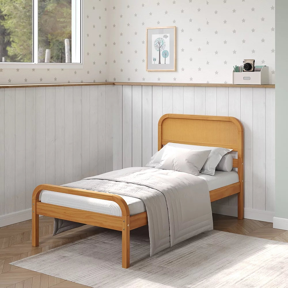 Rattan Kids Twin Bed Frame with Headboard Solid Pine Wood Natural X5210
