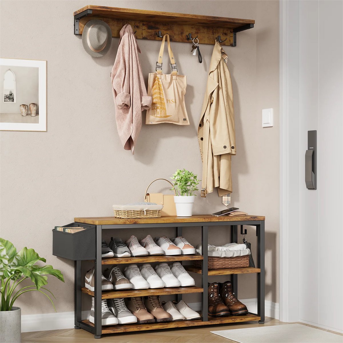 Hall Tree with Bench and Shoe Storage, 5 Hooks, Rustic Brown F3119