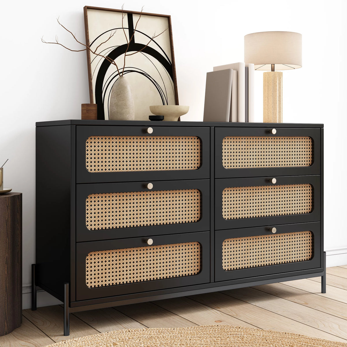 Black 6-Drawer Rattan Wood Dresser Z4296