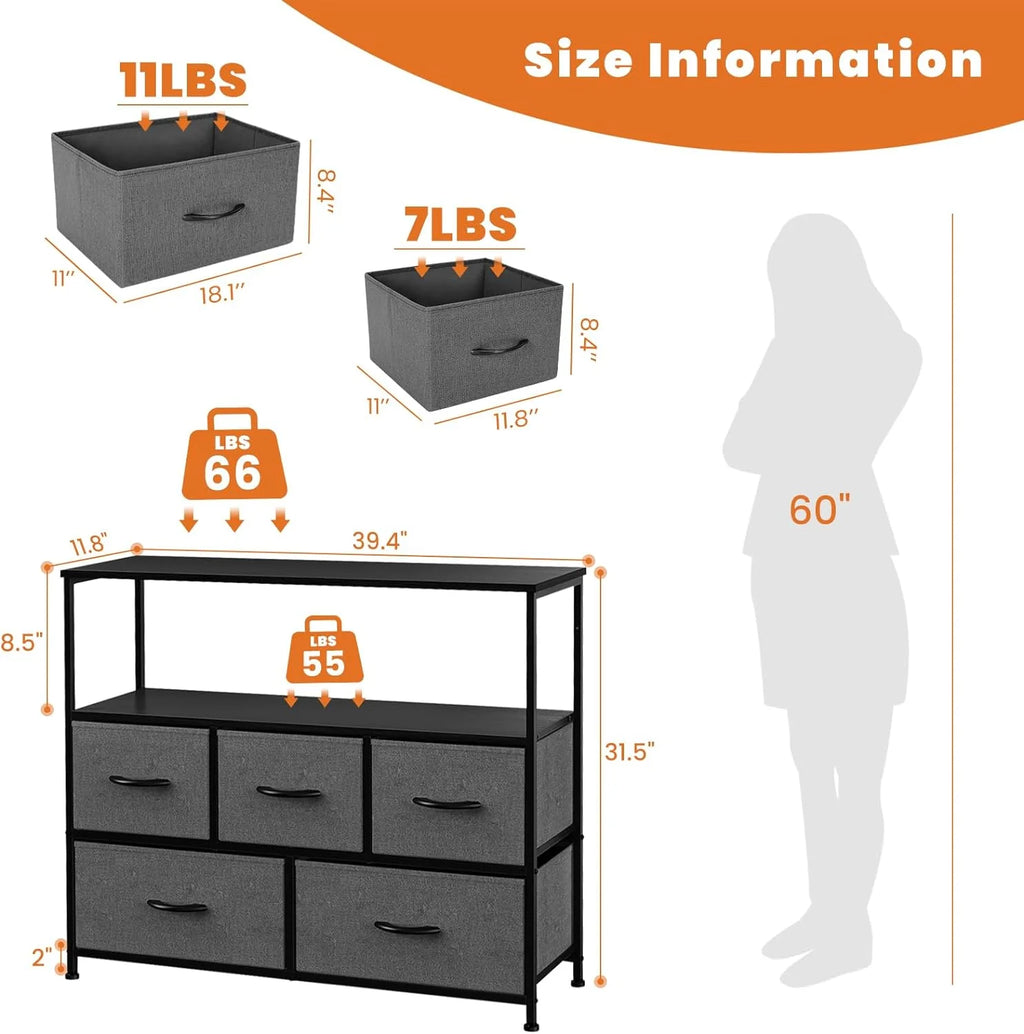 5 Fabric Drawer Dresser with Wood Top and Steel Frame B1491