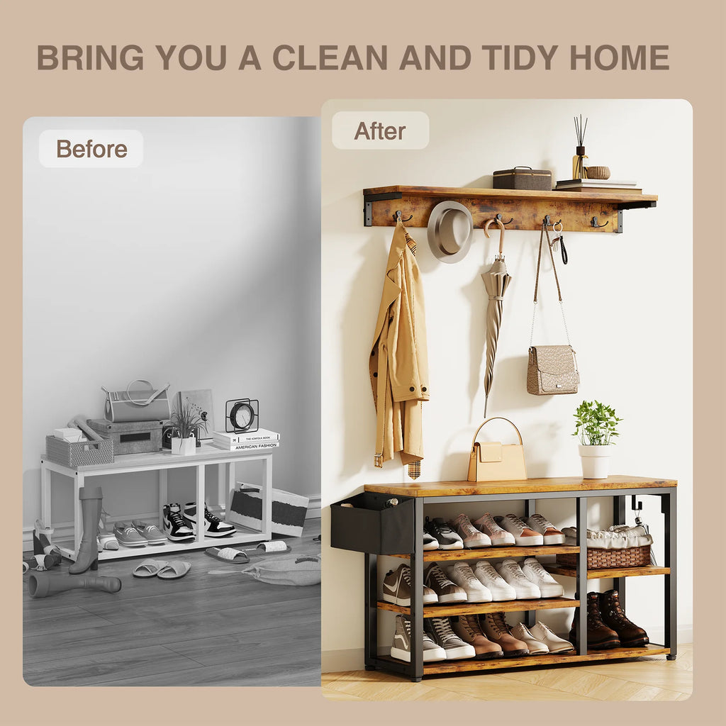 Hall Tree with Bench and Shoe Storage, 5 Hooks, Rustic Brown F3119