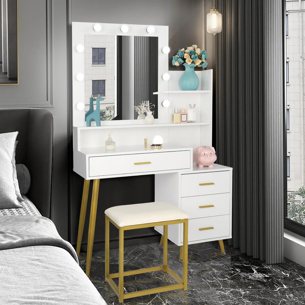 White Vanity Table Set with Lighted Mirror and 4 Drawers S97328