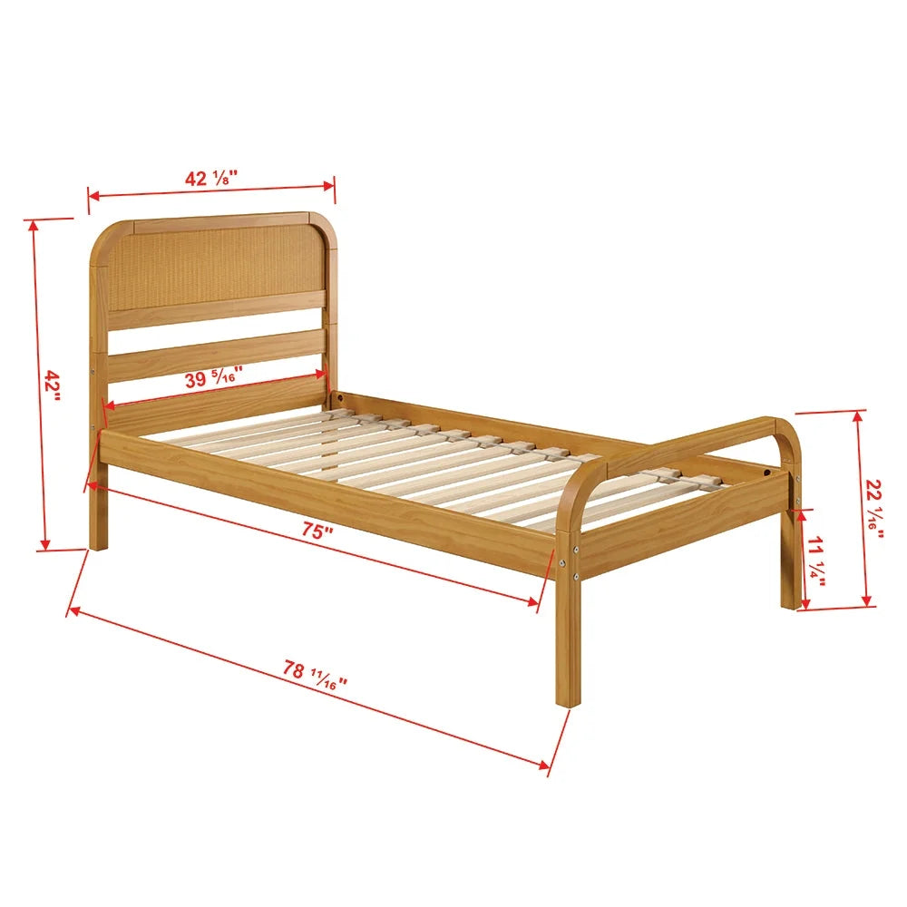 Rattan Kids Twin Bed Frame with Headboard Solid Pine Wood Natural X5210