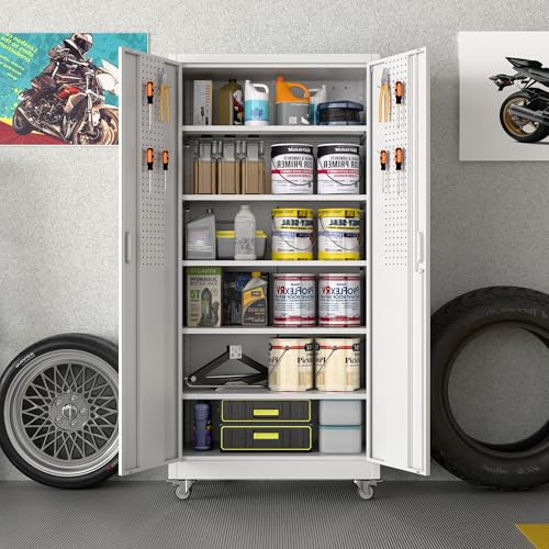 73" Black Metal Storage Cabinet with Wheels and 4 Adjustable Shelves W32116