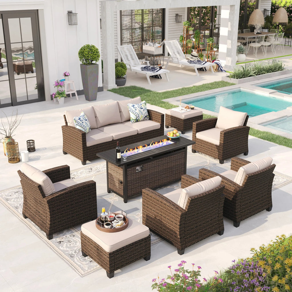 8 Pieces Wicker Patio Conversation Set with Fire Pit Table L23951