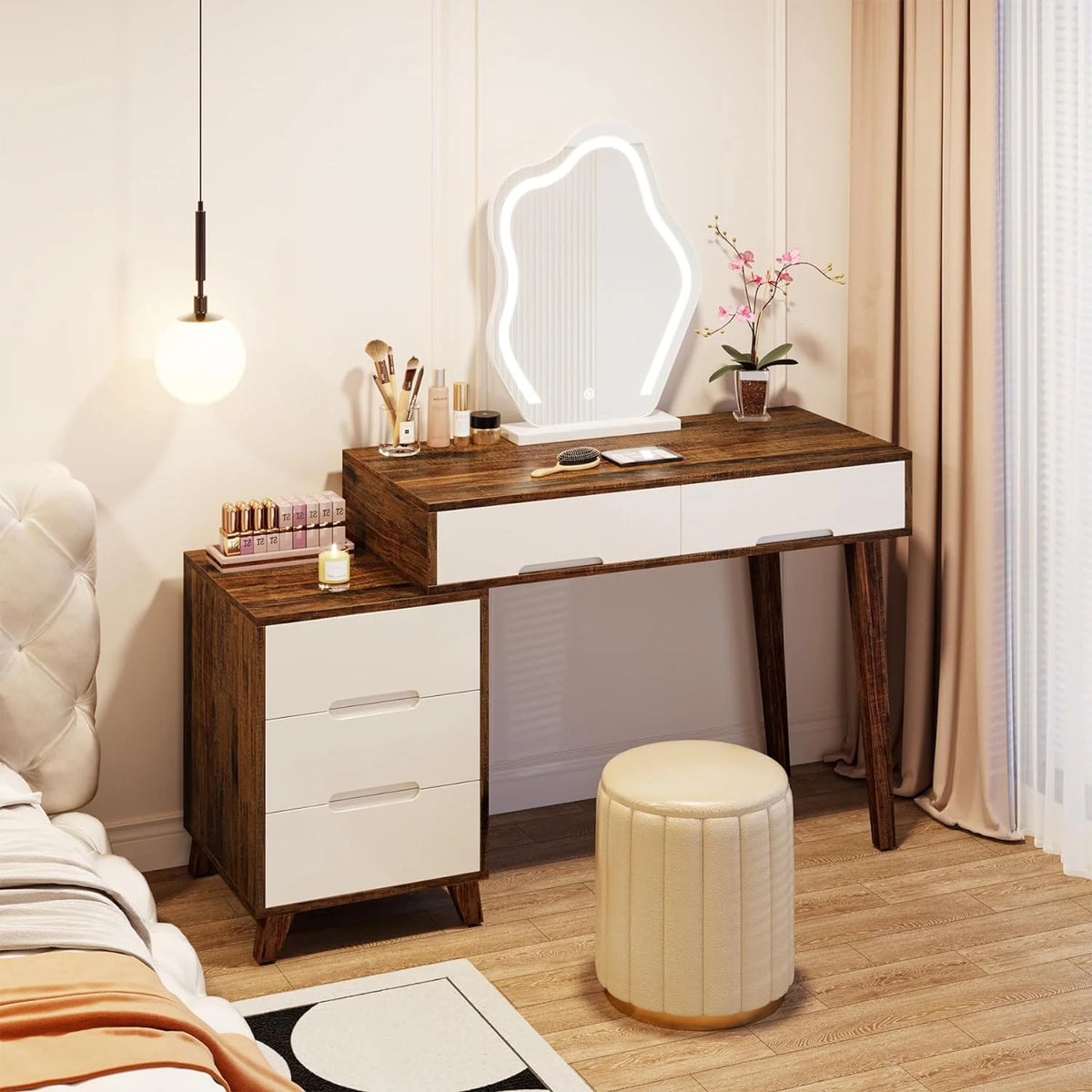 Modern Computer Desk with 5 Drawers, Reversible Study Writing Table, Brown & White K7458