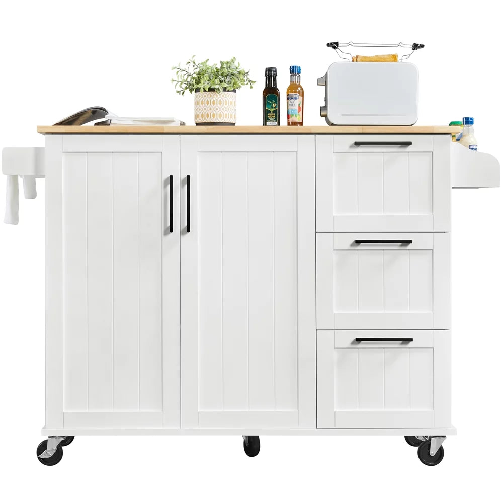 White Rolling Kitchen Cart with Wood Top and Drop Leaf S1059