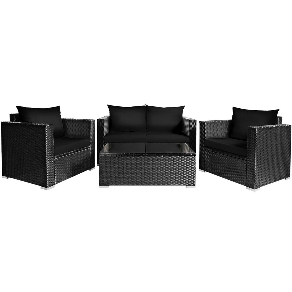 8 Pcs Rattan Patio Conversation Set with Black Cushions Z523676