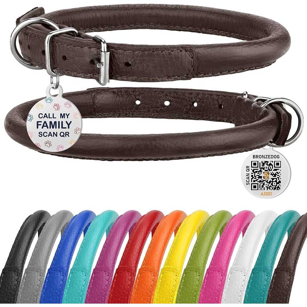 Rolled Leather Dog Collar with QR ID Dog Tag Y422