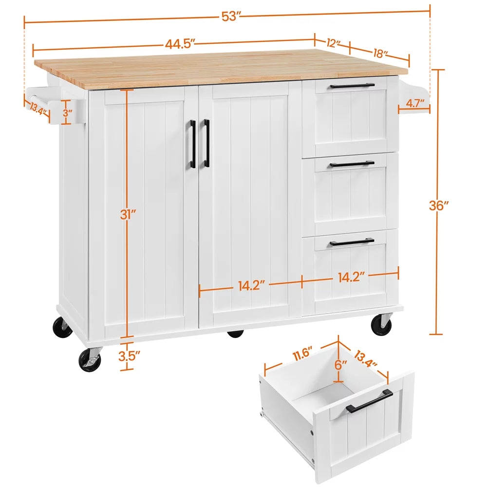 White Rolling Kitchen Cart with Wood Top and Drop Leaf S1059