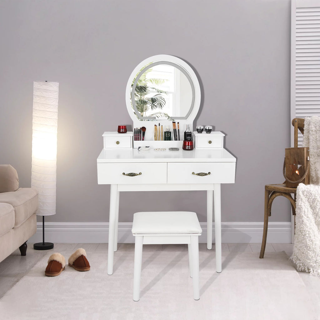 White Vanity Table Set with Lighted Mirror and 4 Drawers B628