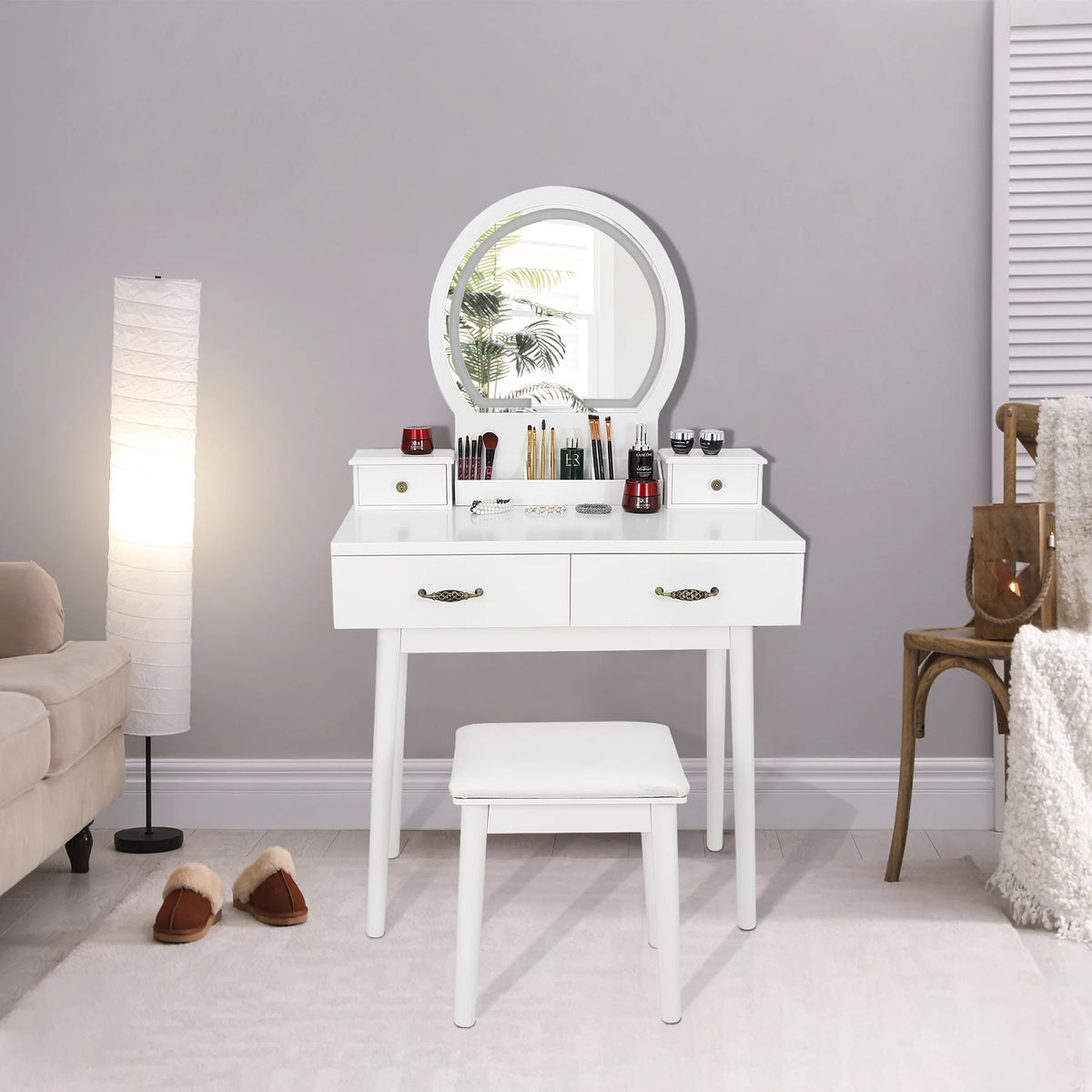 White Vanity Table Set with Lighted Mirror and 4 Drawers B628