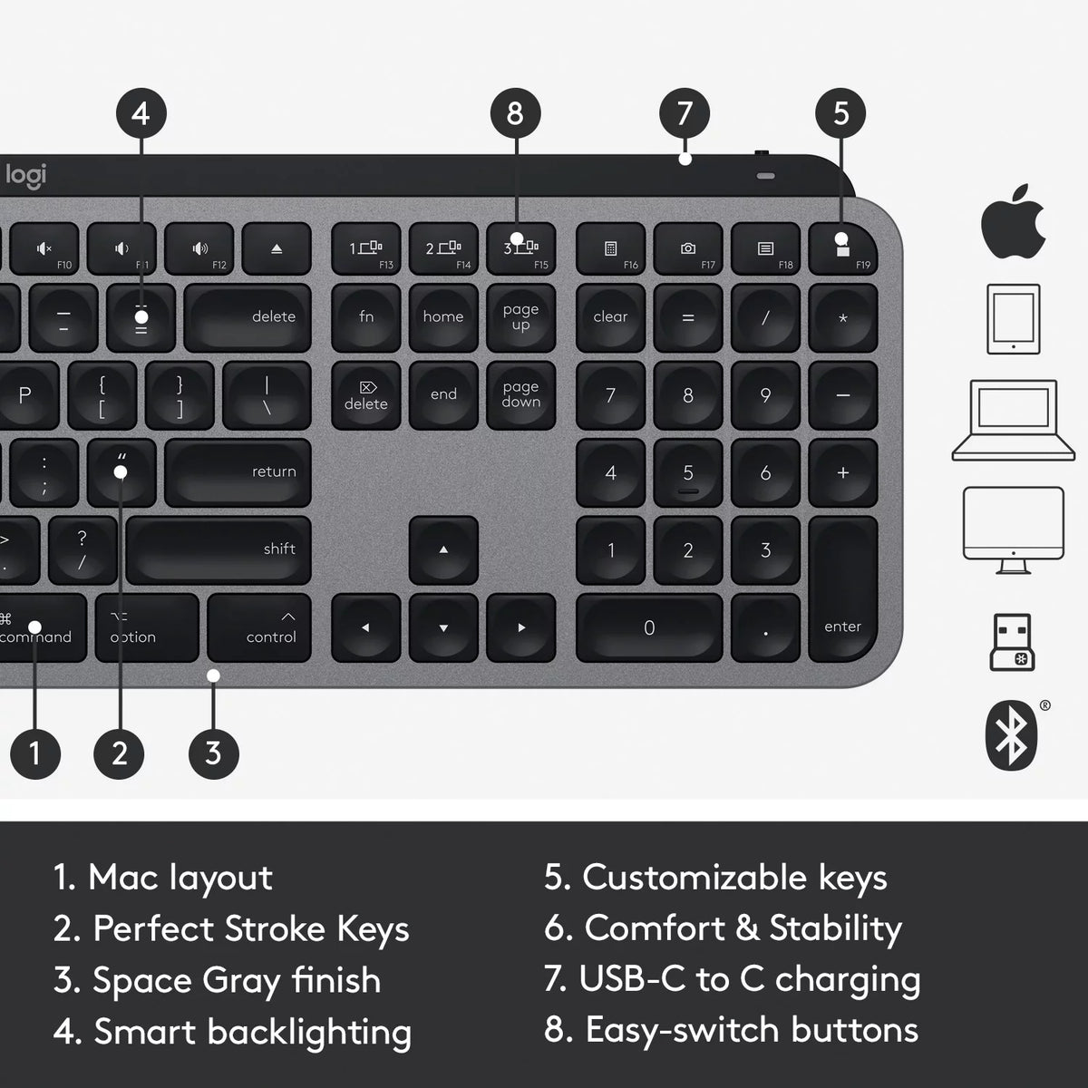 Wireless Illuminated Keyboard, Backlit LED Keys, Bluetooth, USB-C, Metal Build - Space Gray E6650