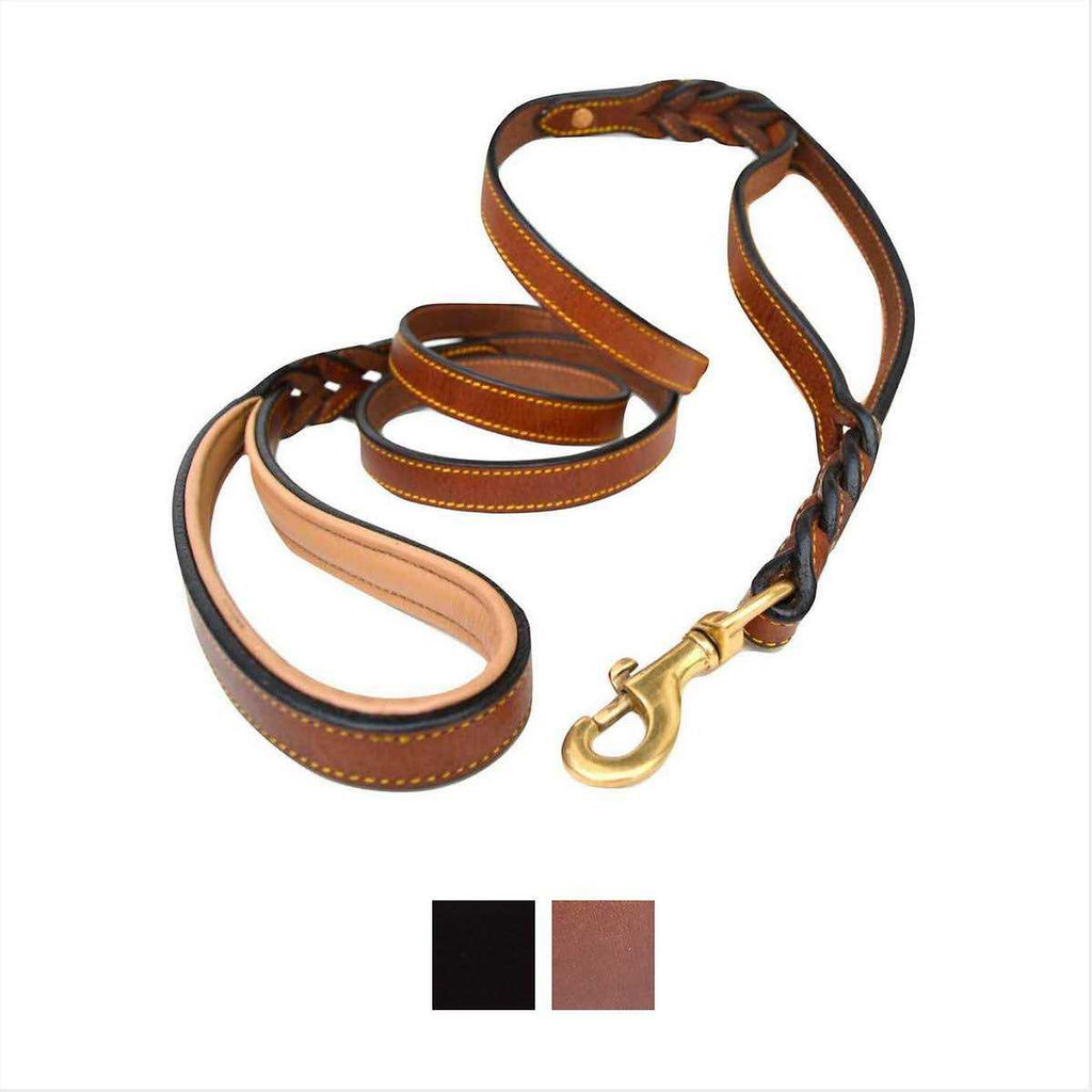6 Foot Braided Leather Dog Leash with Traffic Handle S4393