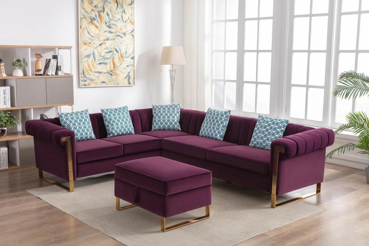 Purple Velvet 6-Seater Sectional Sofa with Storage Ottoman R7833