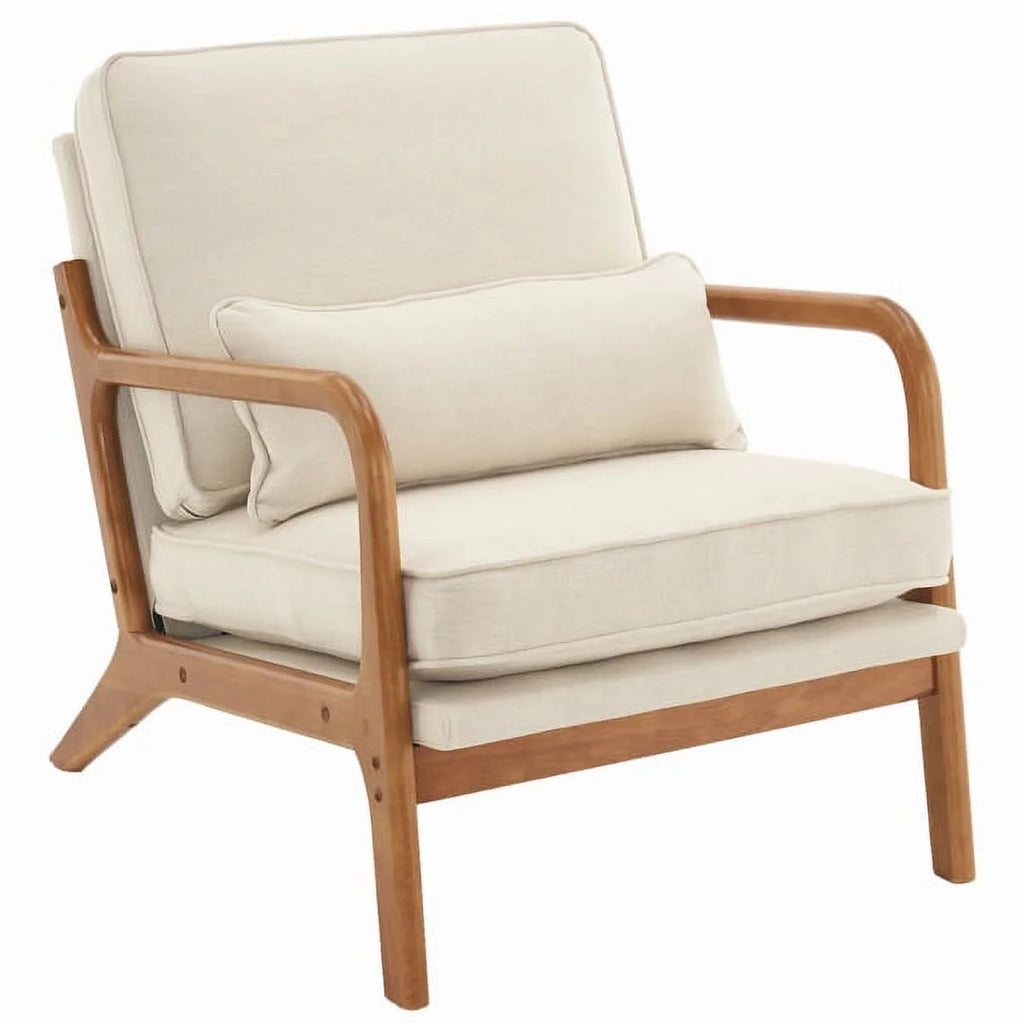Beige Upholstered Wood Frame Accent Chair with Lumbar Pillow N524