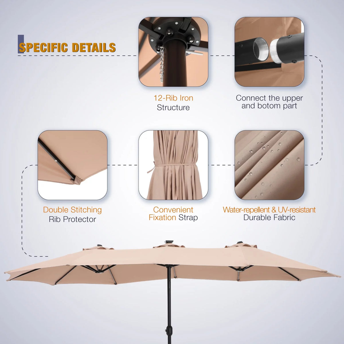 15ft Double-Sided Solar Patio Umbrella with Base T795813