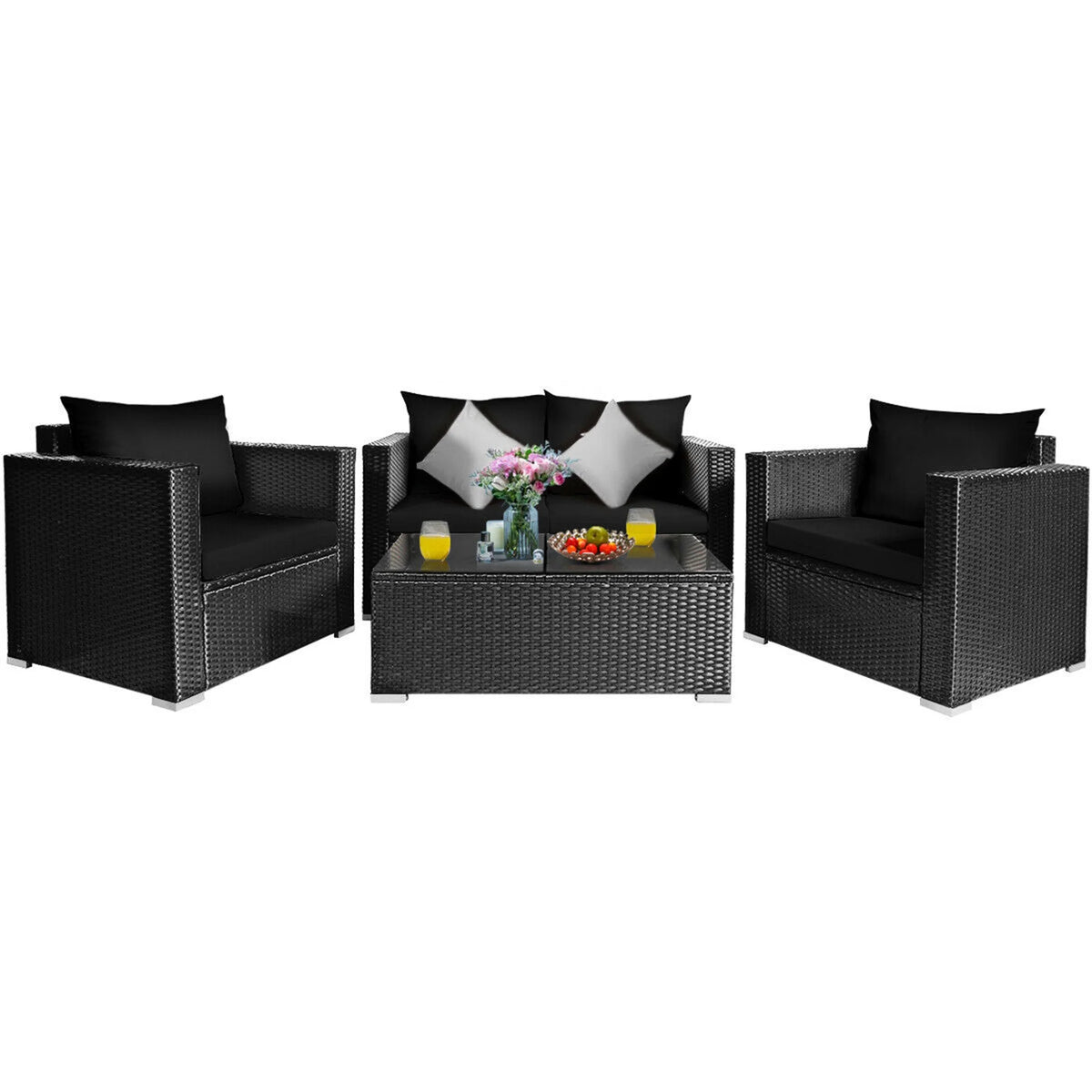 8 Pcs Rattan Patio Conversation Set with Black Cushions Z523676
