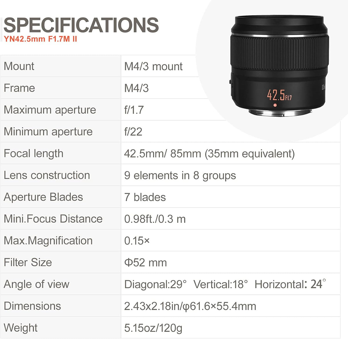 42.5mm F1.7 Auto Focus Prime Lens for Micro Four Thirds Cameras V902