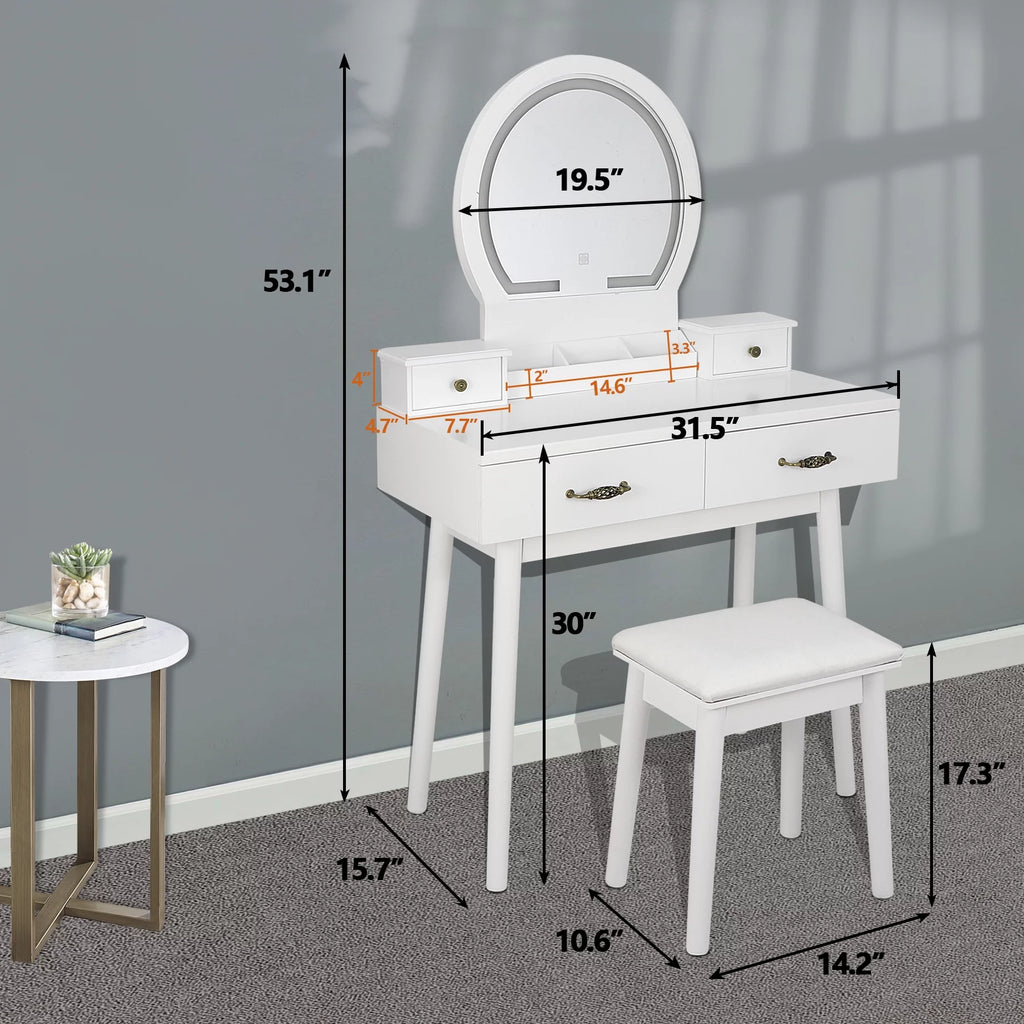 White Vanity Table Set with Lighted Mirror and 4 Drawers B628