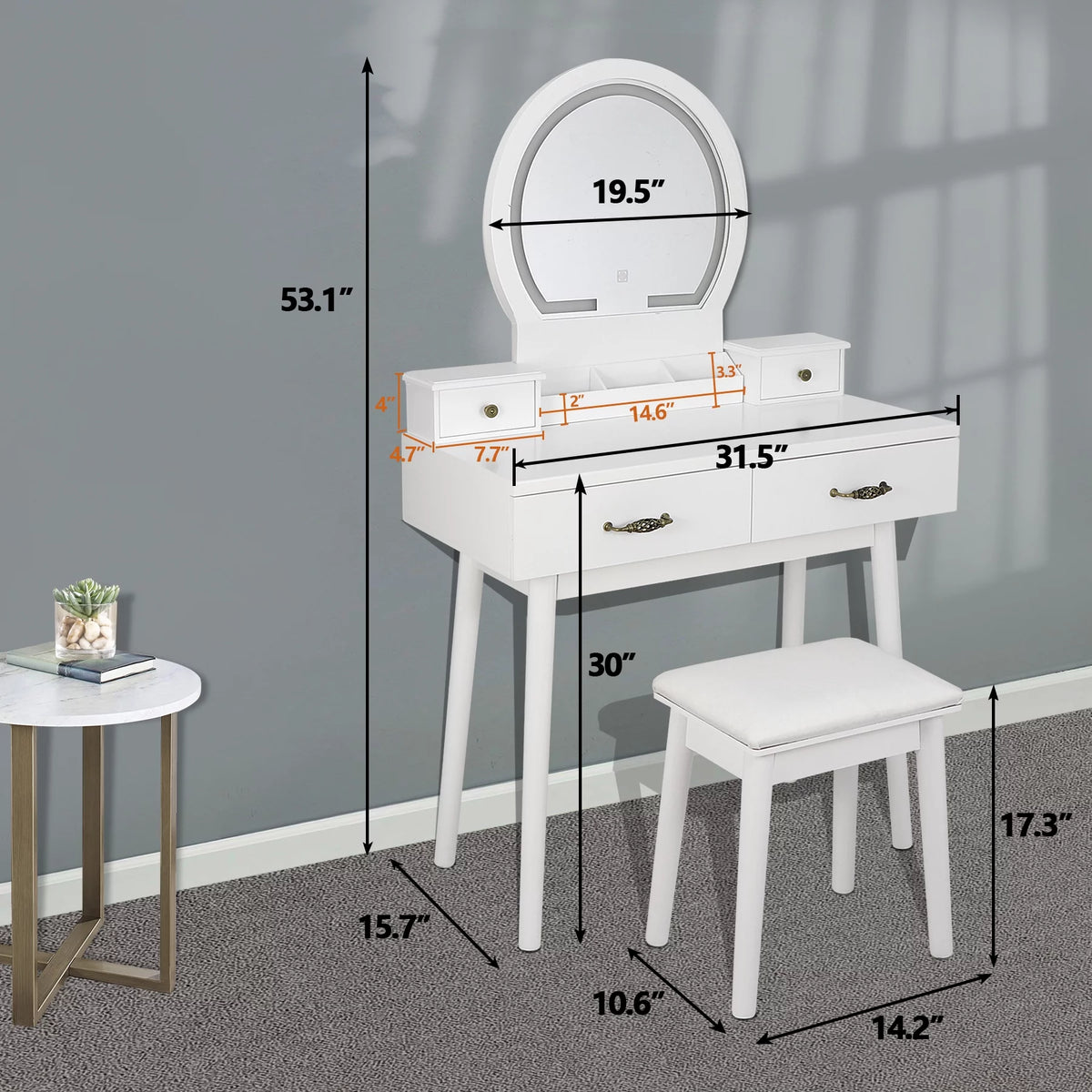 White Vanity Table Set with Lighted Mirror and 4 Drawers B628