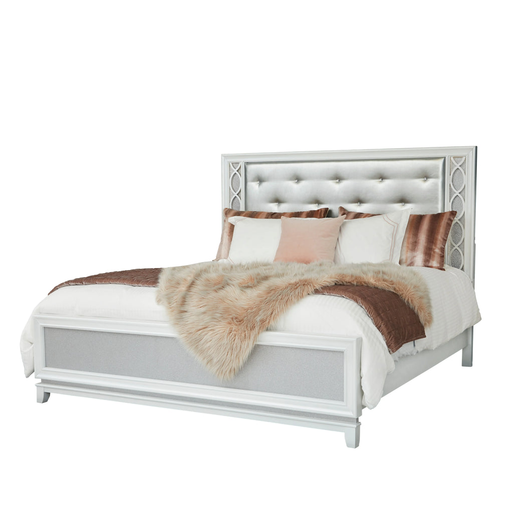 King 5-Piece Bedroom Set with LED Lights, Tufted Bed, Dresser, Mirror, and 2 Nightstands in Pearlized White M65742