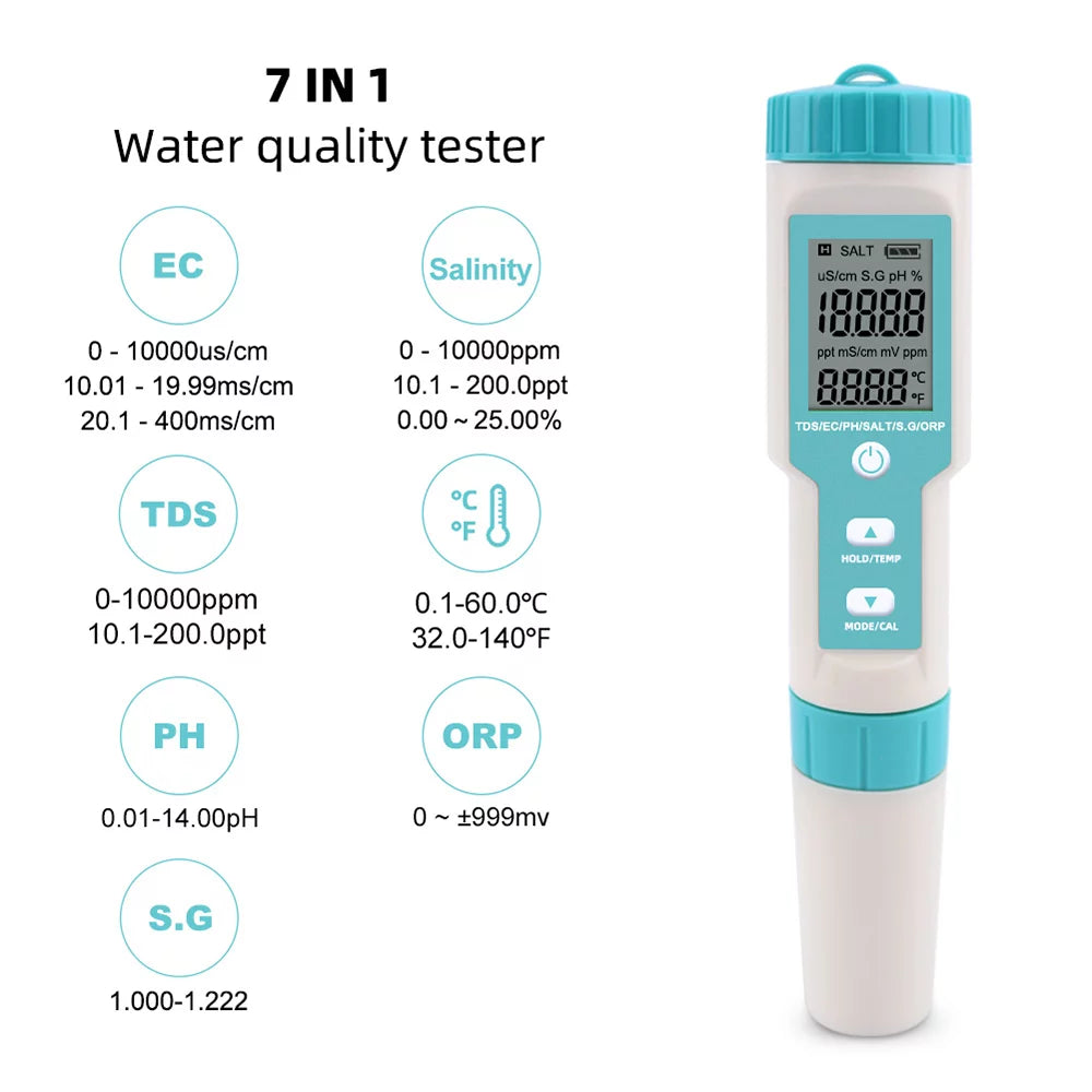 Salinity Monitor, 7 In 1 Pocket Water Quality Tester E76894