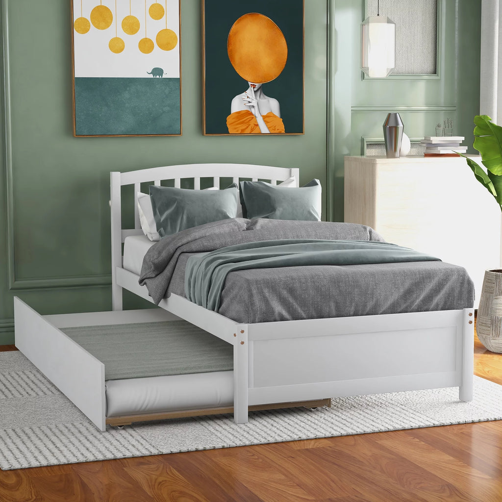 Twin Size White Wood Platform Bed with Trundle H6884