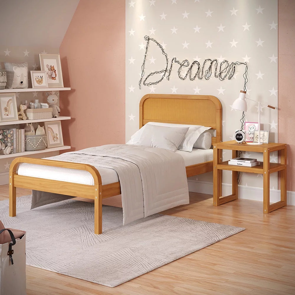 Rattan Kids Twin Bed Frame with Headboard Solid Pine Wood Natural X5210