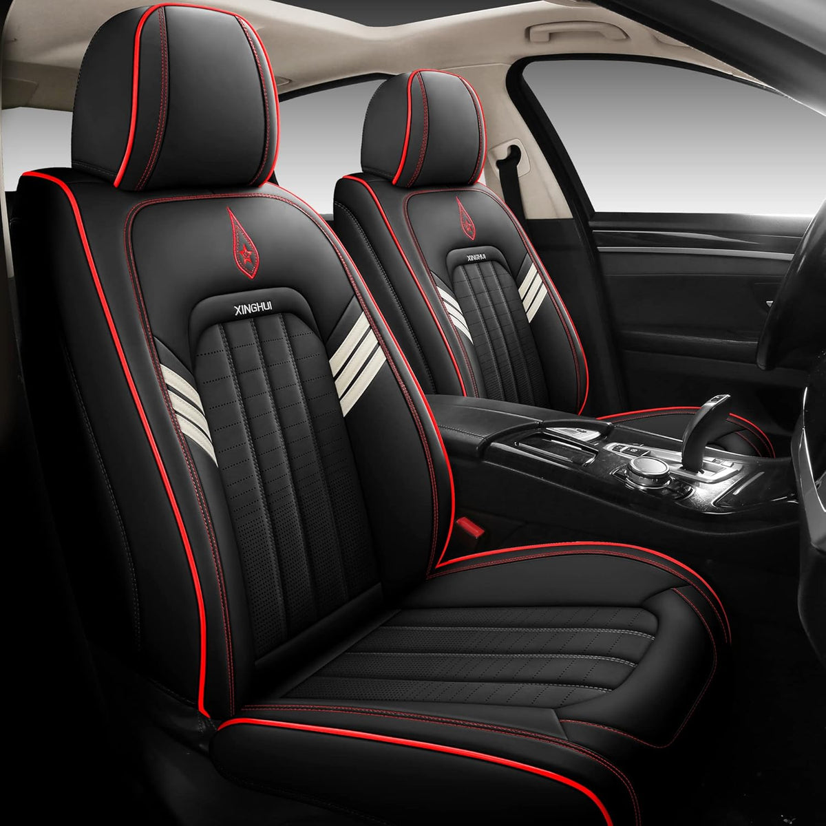 Synthetic Leather Car Seat Covers 5-Seater Full Set Red-White T44528