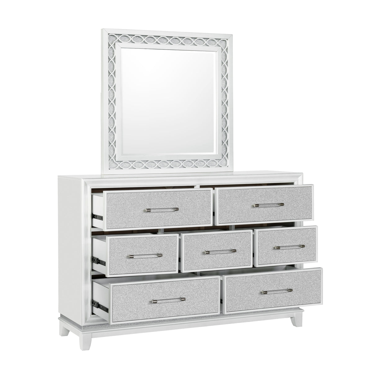 King 5-Piece Bedroom Set with LED Lights, Tufted Bed, Dresser, Mirror, and 2 Nightstands in Pearlized White M65742