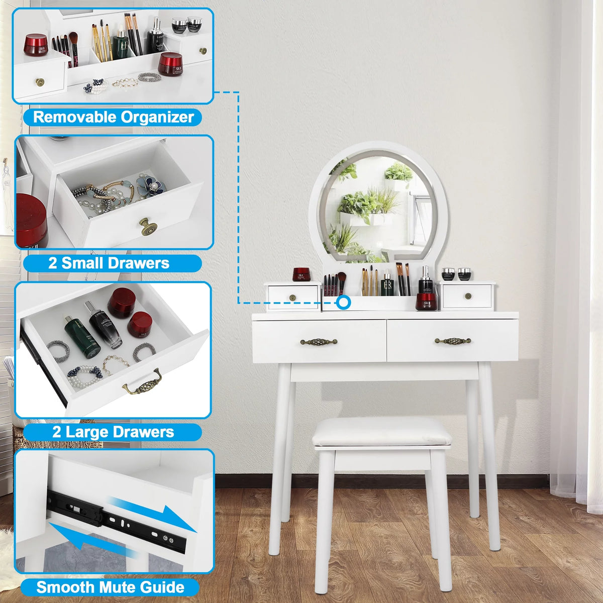 White Vanity Table Set with Lighted Mirror and 4 Drawers B628