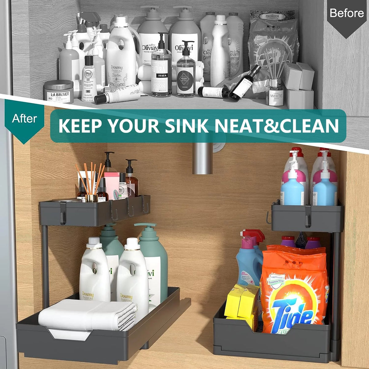 2 Tier L-Shape Under Sink Organizer with Hooks B4087
