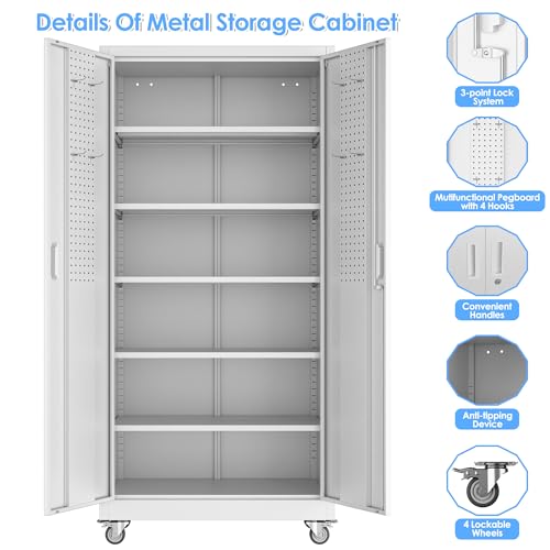 73" Black Metal Storage Cabinet with Wheels and 4 Adjustable Shelves W32116