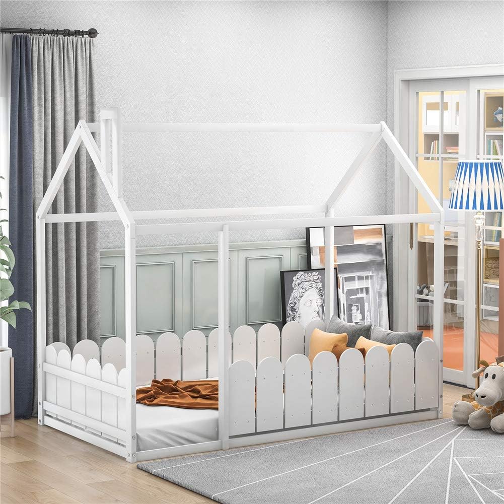 Twin Size Wood House Bed Frame with Fence L43326