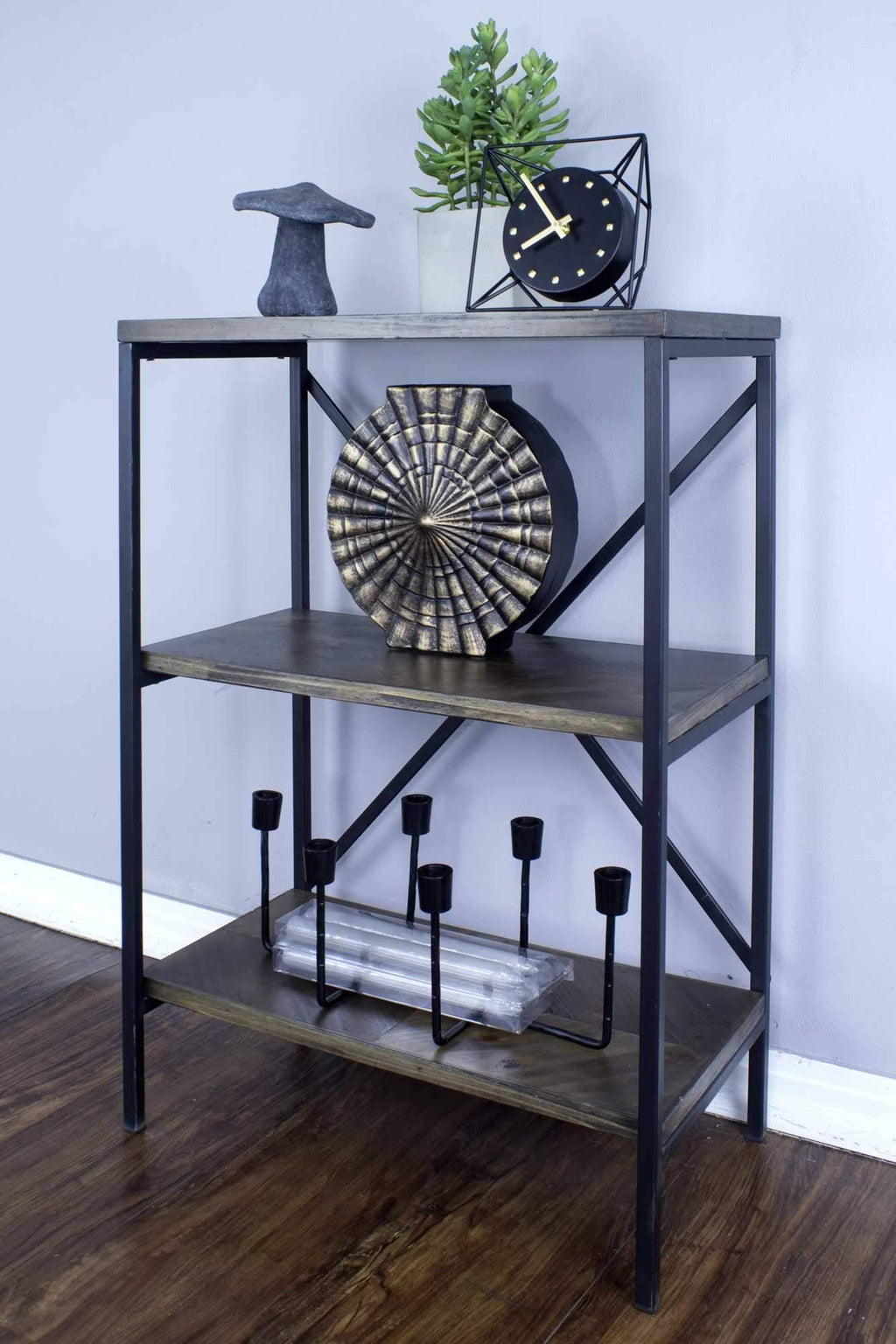 Brown Metal Wood Bookcase with 3 Shelves U6870