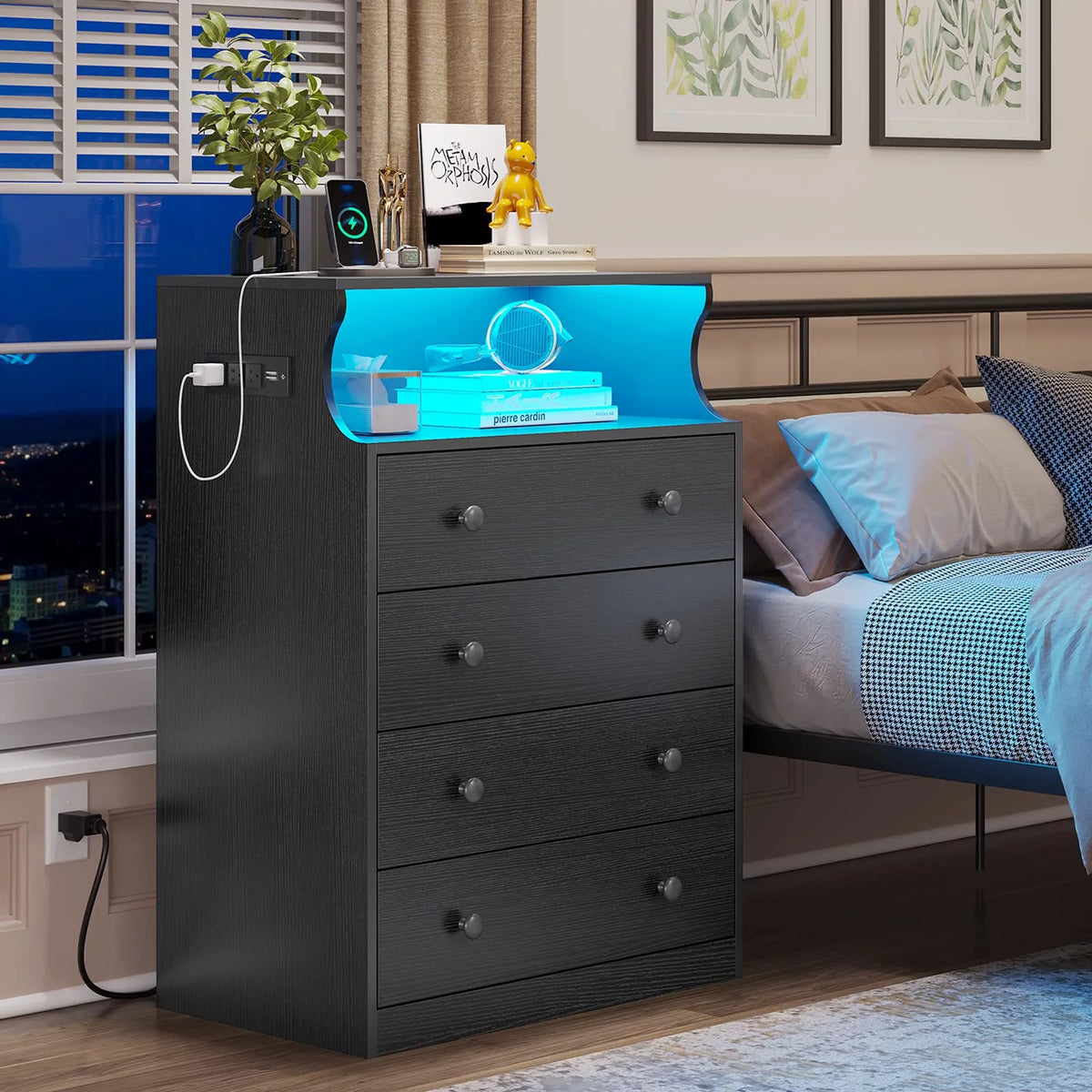 Black 4 Drawer Dresser with LED Lights and Charging Station V805619