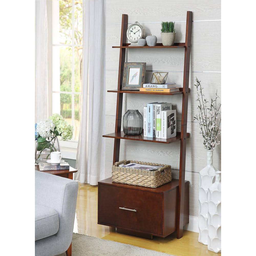 Dark Walnut Ladder Bookcase with File Drawer J13343