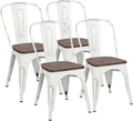 White Metal Stackable Dining Chairs with Wood Seat Set of 4 H271