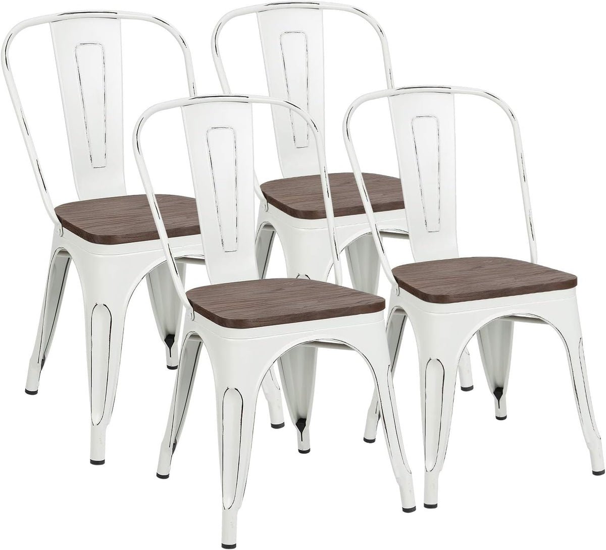 White Metal Stackable Dining Chairs with Wood Seat Set of 4 H271