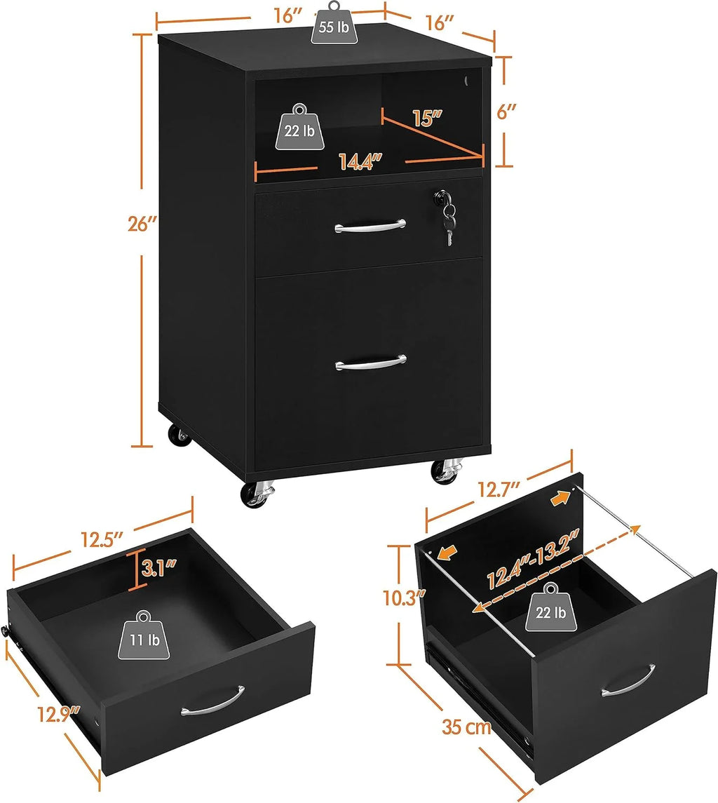 2pcs Mobile File Cabinet Letter Size Filing Cabinet with Printer Stand Black Rustic Brown R870056