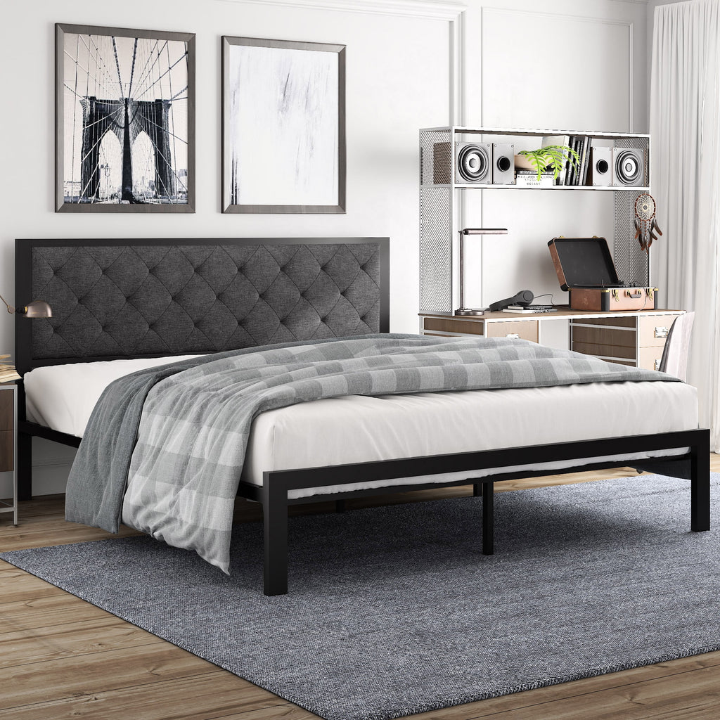 King Size Metal Bed Frame with Upholstered Headboard L441