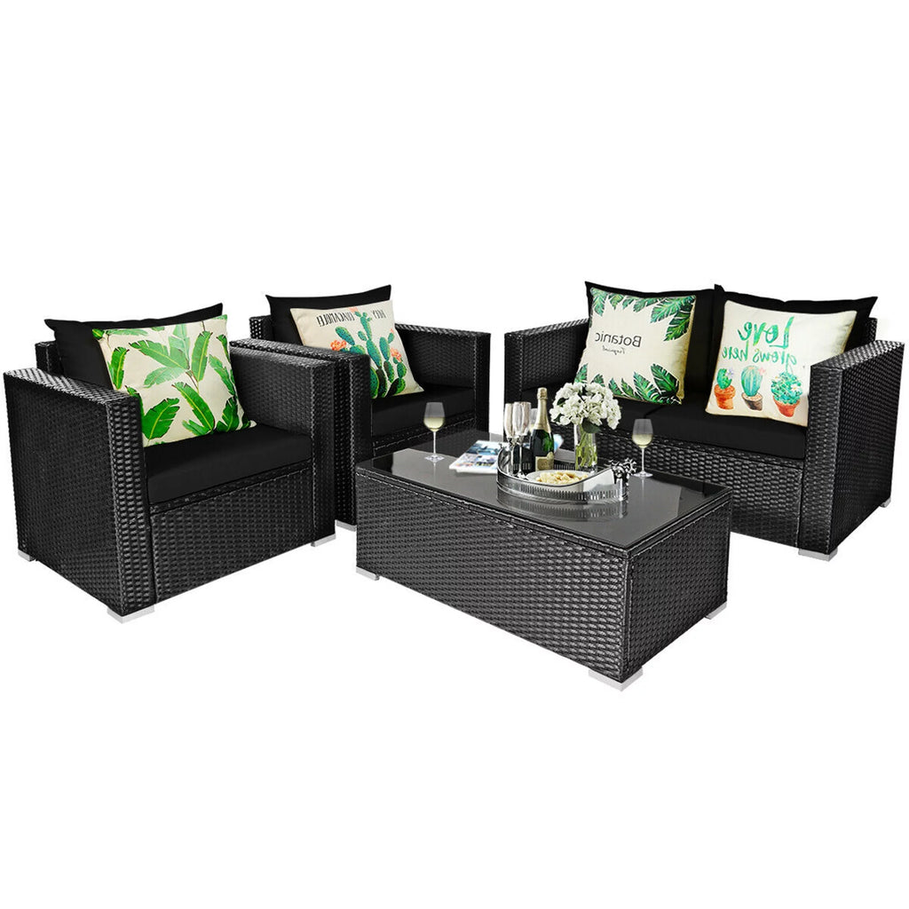 8 Pcs Rattan Patio Conversation Set with Black Cushions Z523676