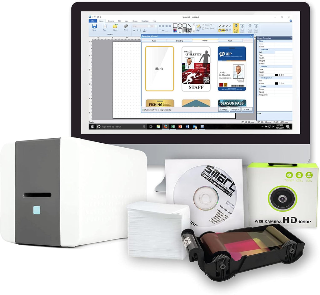 ID Card Printer Bundle with YMCKO Ribbon, 100 PVC Cards and USB Camera Z99379