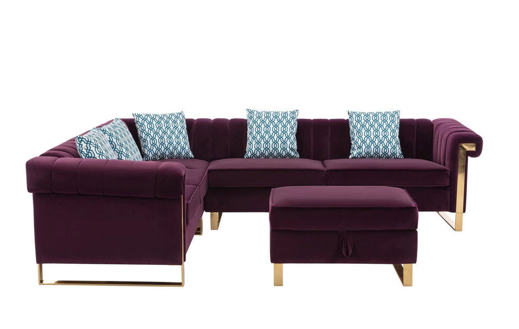 Purple Velvet 6-Seater Sectional Sofa with Storage Ottoman R7833