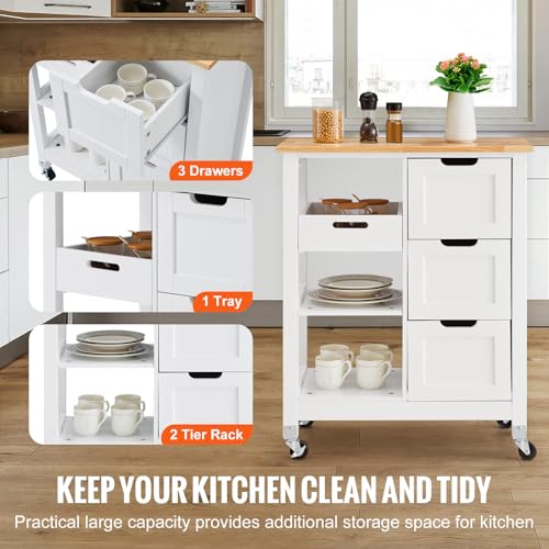 White 26 inch Rolling Kitchen Island Cart with 3 Drawers and Shelves K12249