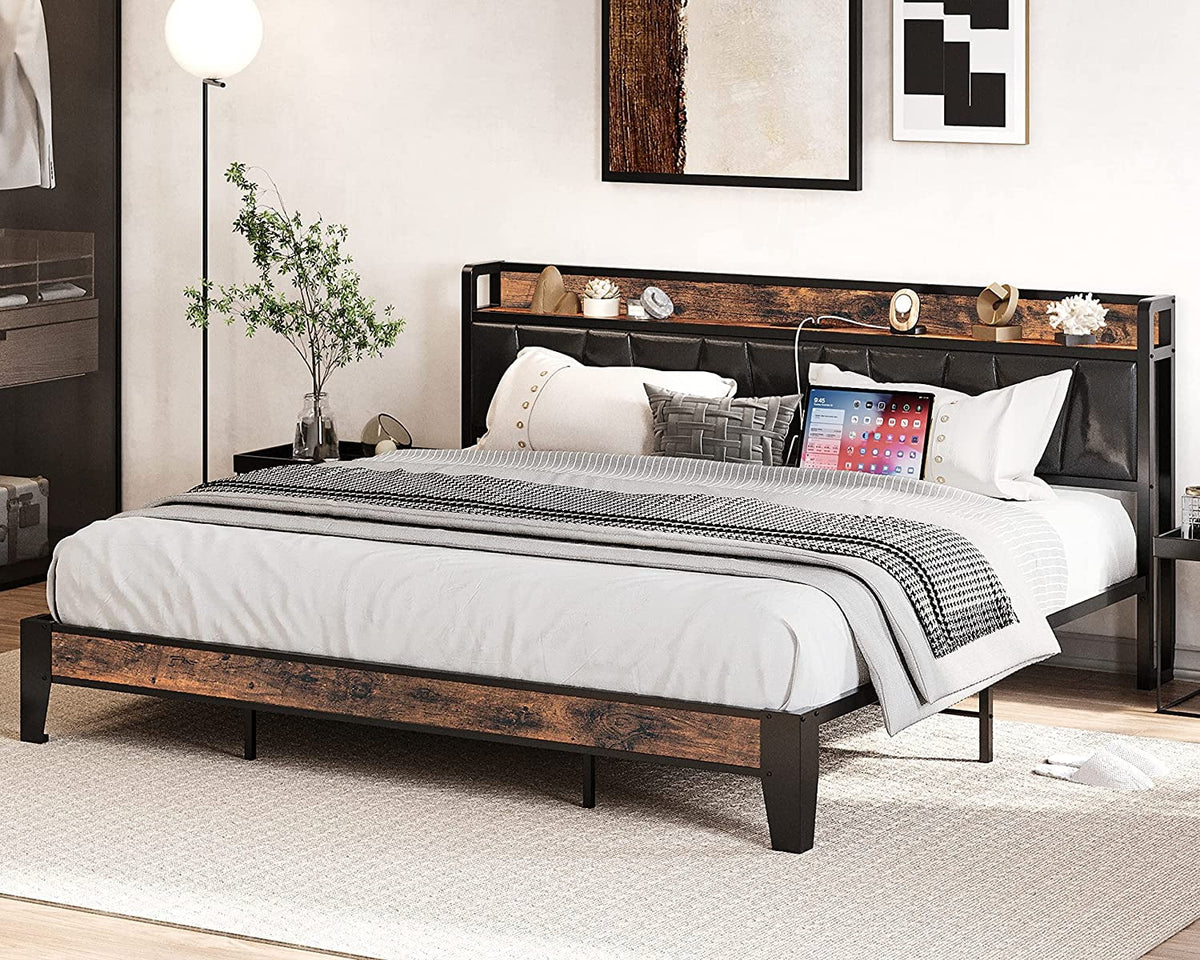 King Metal Bed Frame with Black Storage Headboard F7401