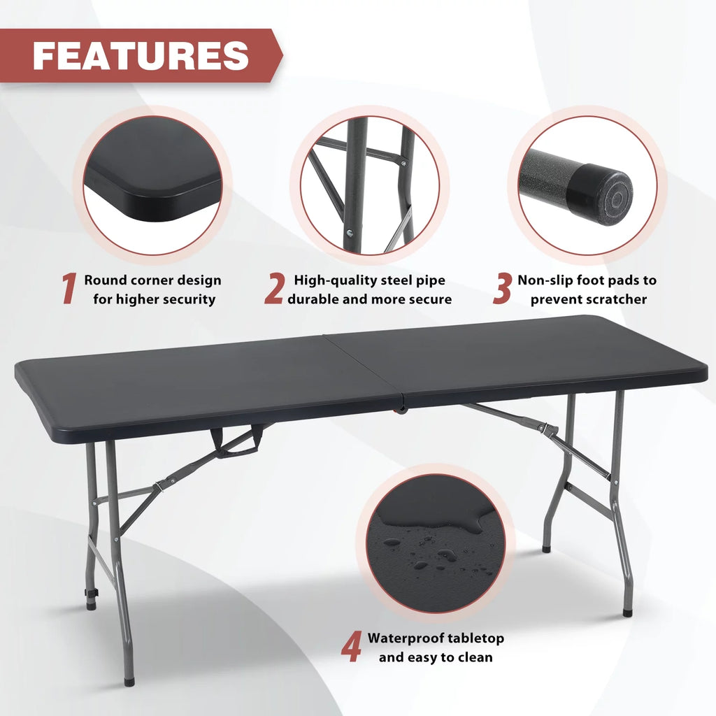 6ft Black Plastic Folding Table with Carrying Handle M19329