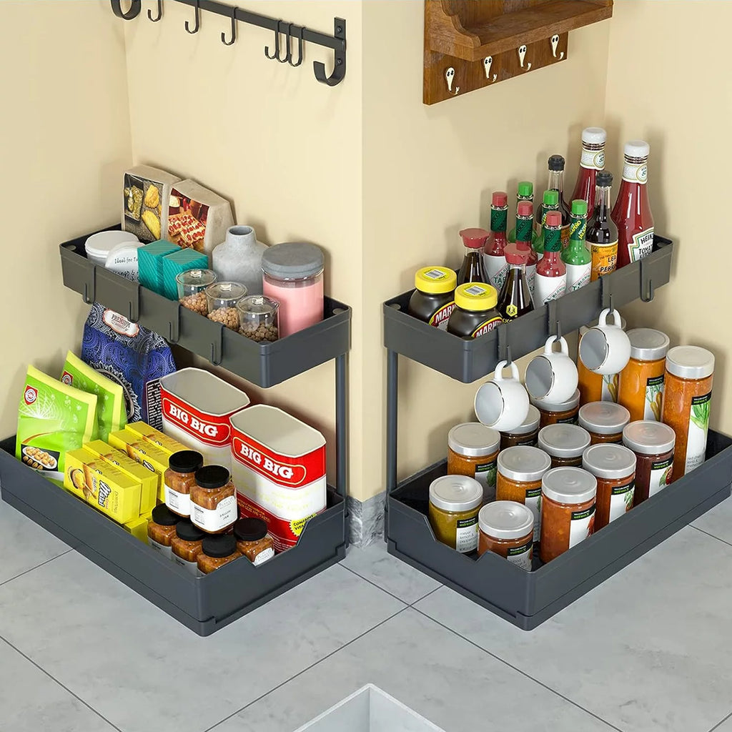 2 Tier L-Shape Under Sink Organizer with Hooks B4087