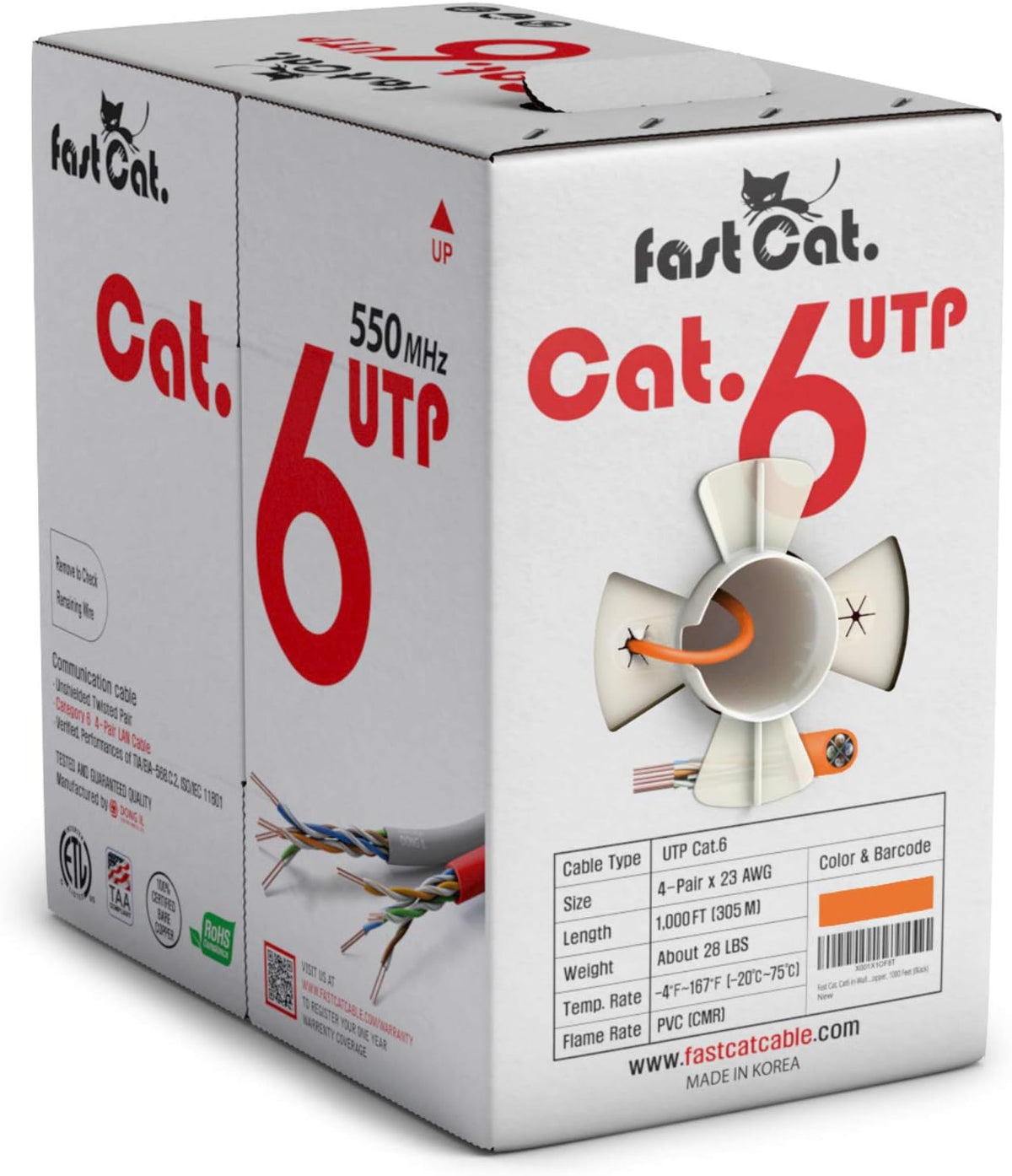 Cat6 Ethernet Cable 1000ft 23 AWG Solid Bare Copper Orange I693063